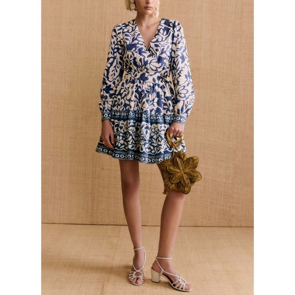 Sezane Floral Mini Linen-Blend Faith Long-Sleeve Wrap Dress